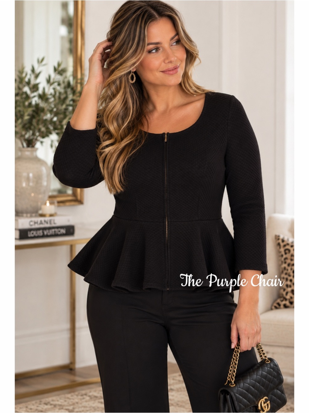 GANNI Black Textured 3/4 Sleeve Zip Front Peplum Hem Jacket S